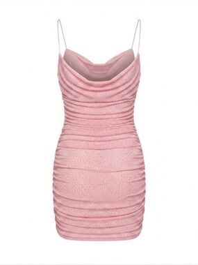 Oh Polly Pink Glitter Ruched Mini Dress - Cowl Neck Bodycon - Size US 4